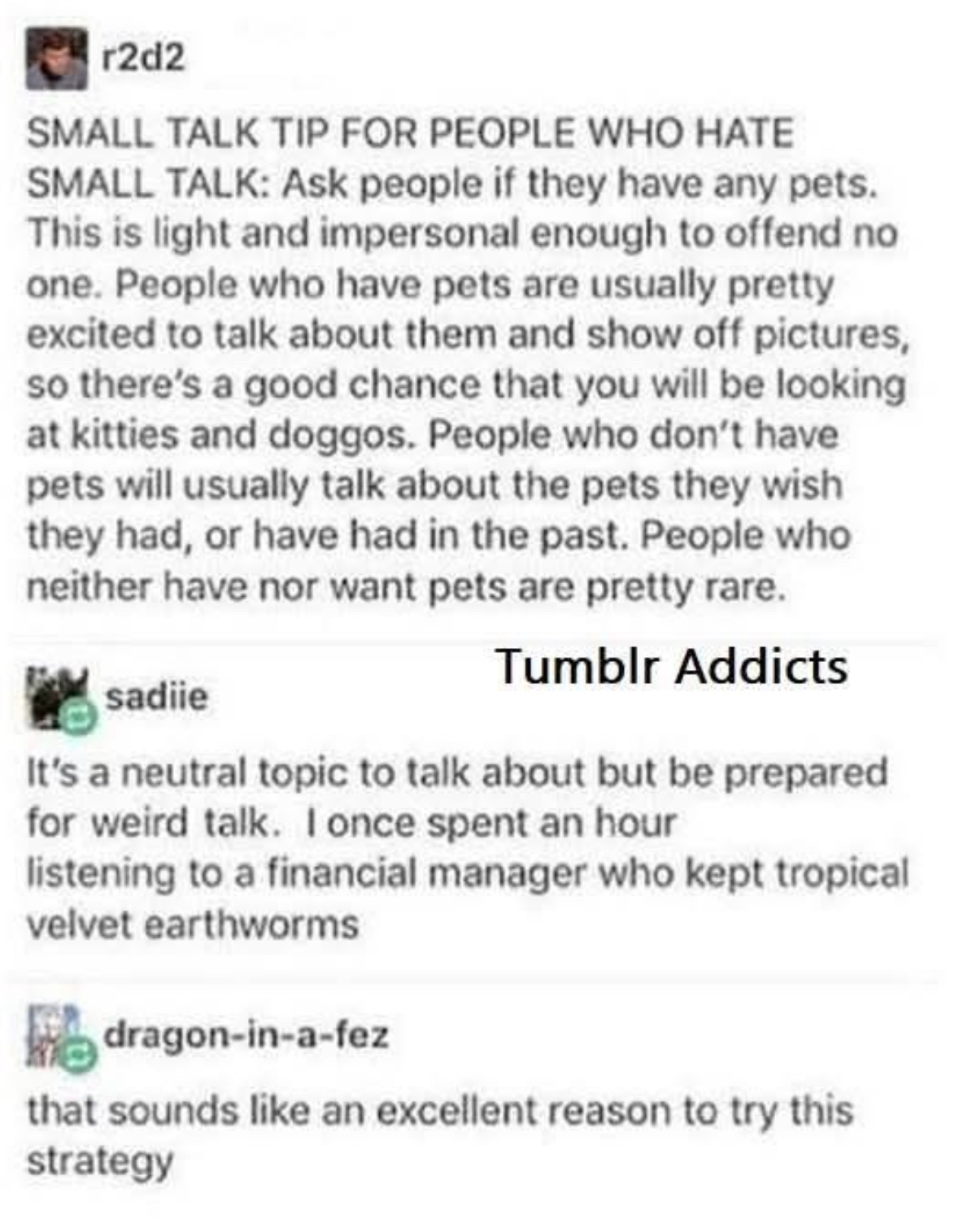 Small talk advice: ask about pets. Turns out some people talk about tropical velvet earthworms for an hour.