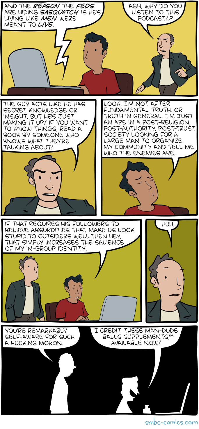 Me explaining why I fall for conspiracy theories: it's all about in-group identity, duh.