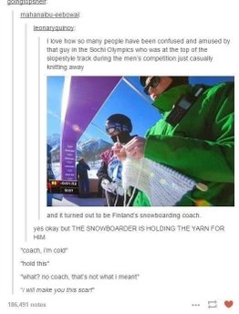 The snowboarder is freezing but the coach is just casually knitting like it's no big deal.