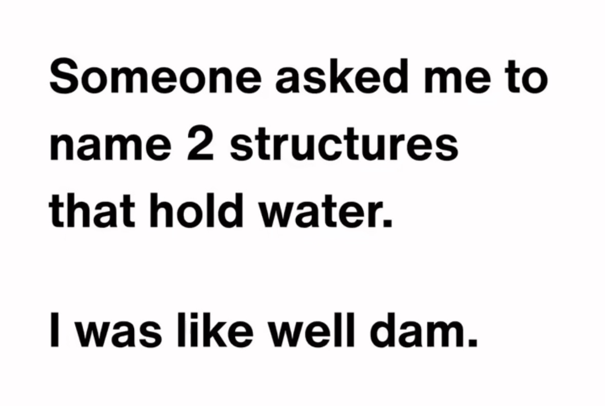My brain when asked for 2 structures that hold water: well dam.
