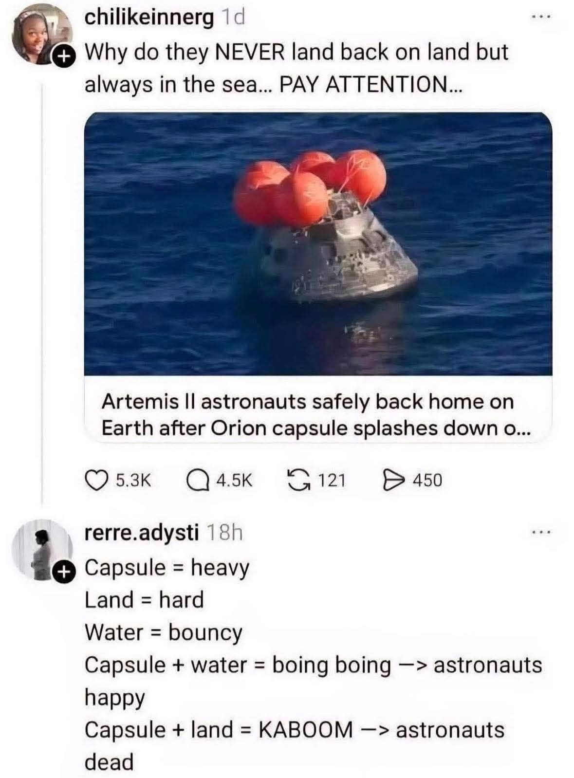lmao why are we acting surprised they land in the ocean, like landing on land would just make them crash