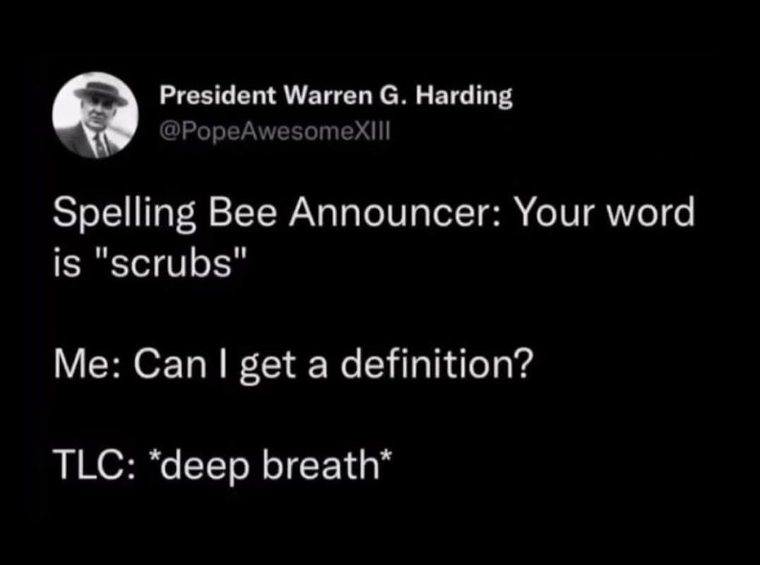 OMG when the spelling bee announcer says your word is 'scrubs' and you're instantly thinking of the TLC song