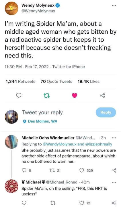 Spider Ma'am, but she's just assuming her new radioactive powers are just part of perimenopause.