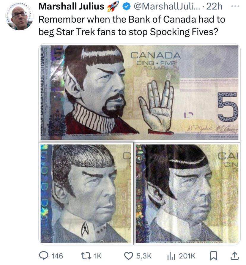 Someone edited a Canadian 5-dollar bill to look like Spock and now I can't unsee it