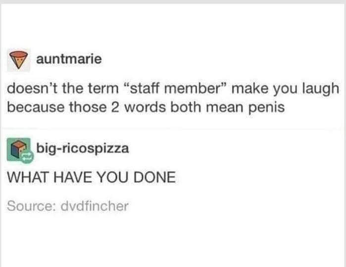 Someone just pointed out that "staff" and "member" both mean penis and honestly, I can't unhear it now.