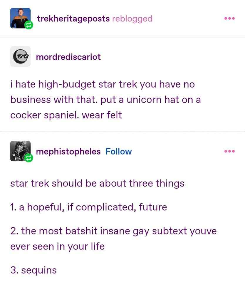 Apparently Star Trek should be about a hopeful future, insane gay subtext, and sequins, not high budgets.