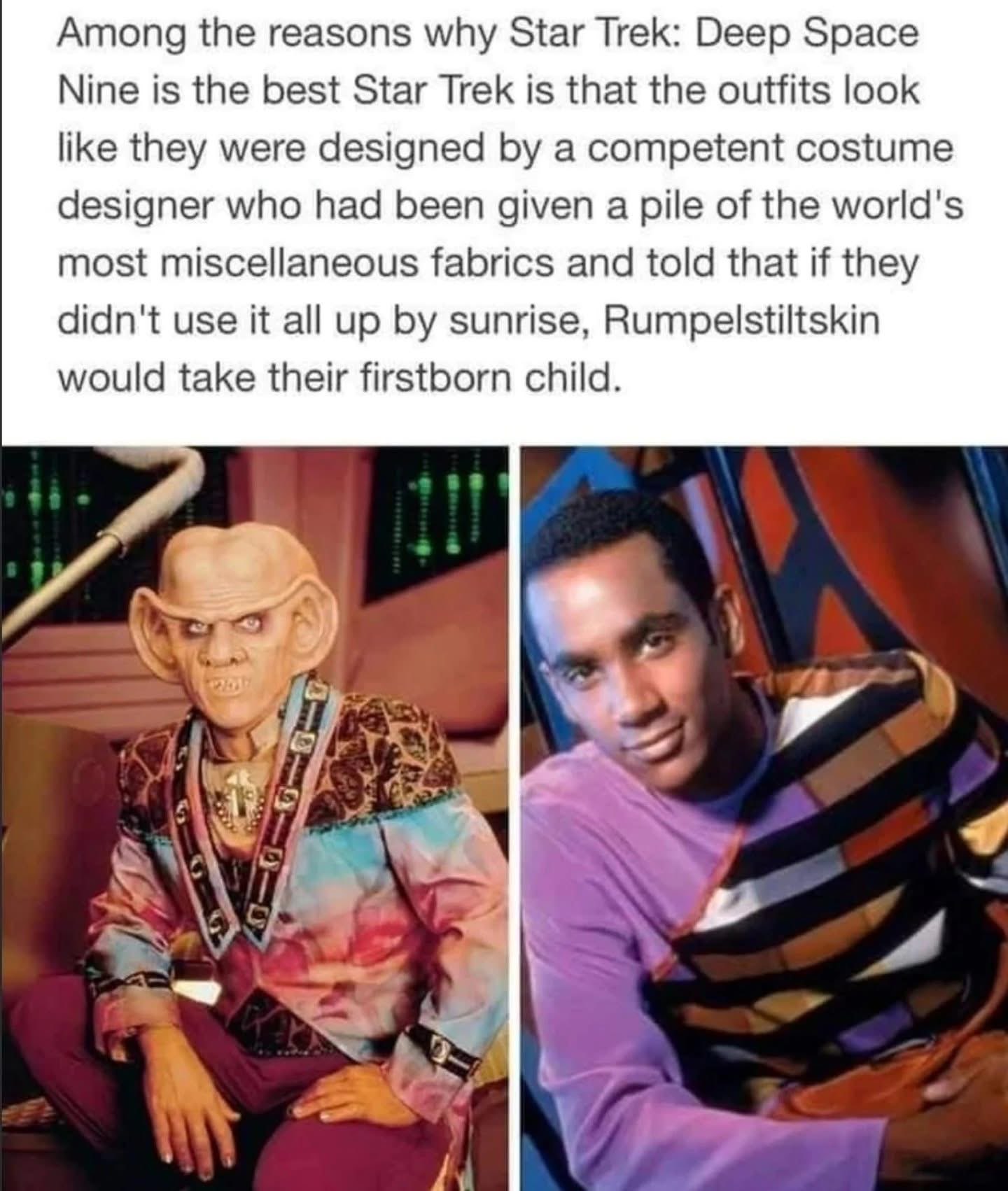 When the costume designer is running out of time and has to use ALL the leftover fabric scraps