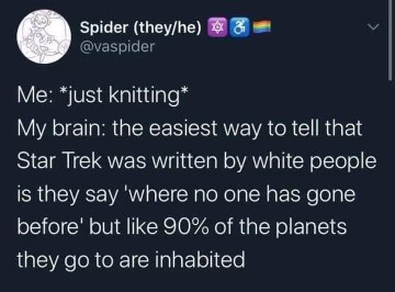 Ugh, my brain just overanalyzed Star Trek while I was trying to chill and knit.