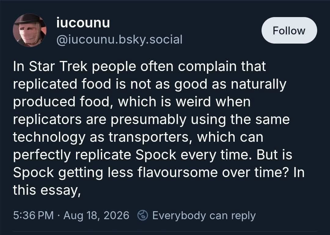 Wait, are they saying Spock gets less tasty the more they beam him up?