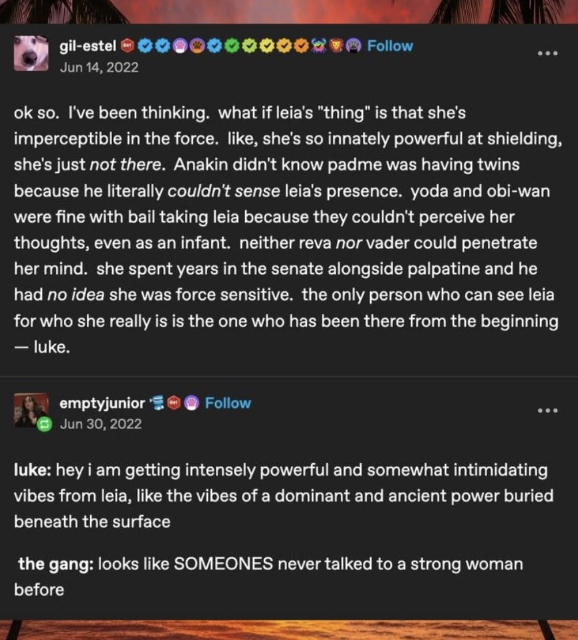 Lmao, Luke finally catching up to everyone else on Leia being force sensitive, and the gang's response is just perfect.