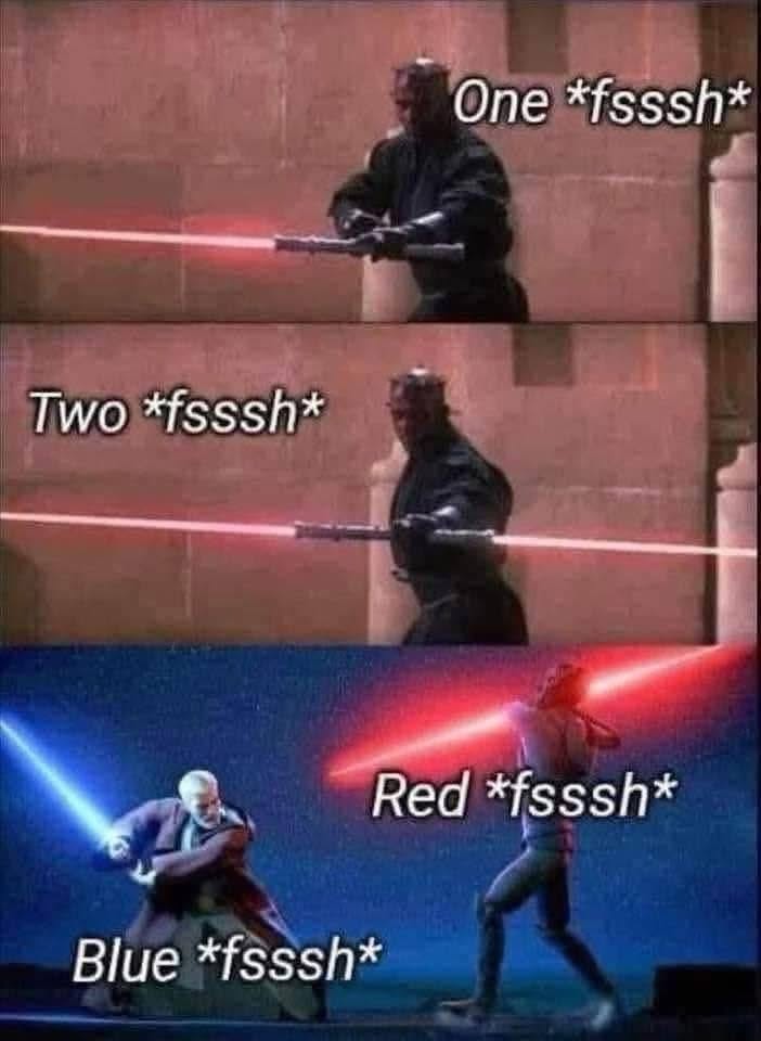 Star Wars characters demonstrating the sound of lightsabers activating. One, two, red, and blue sounds are all represented.