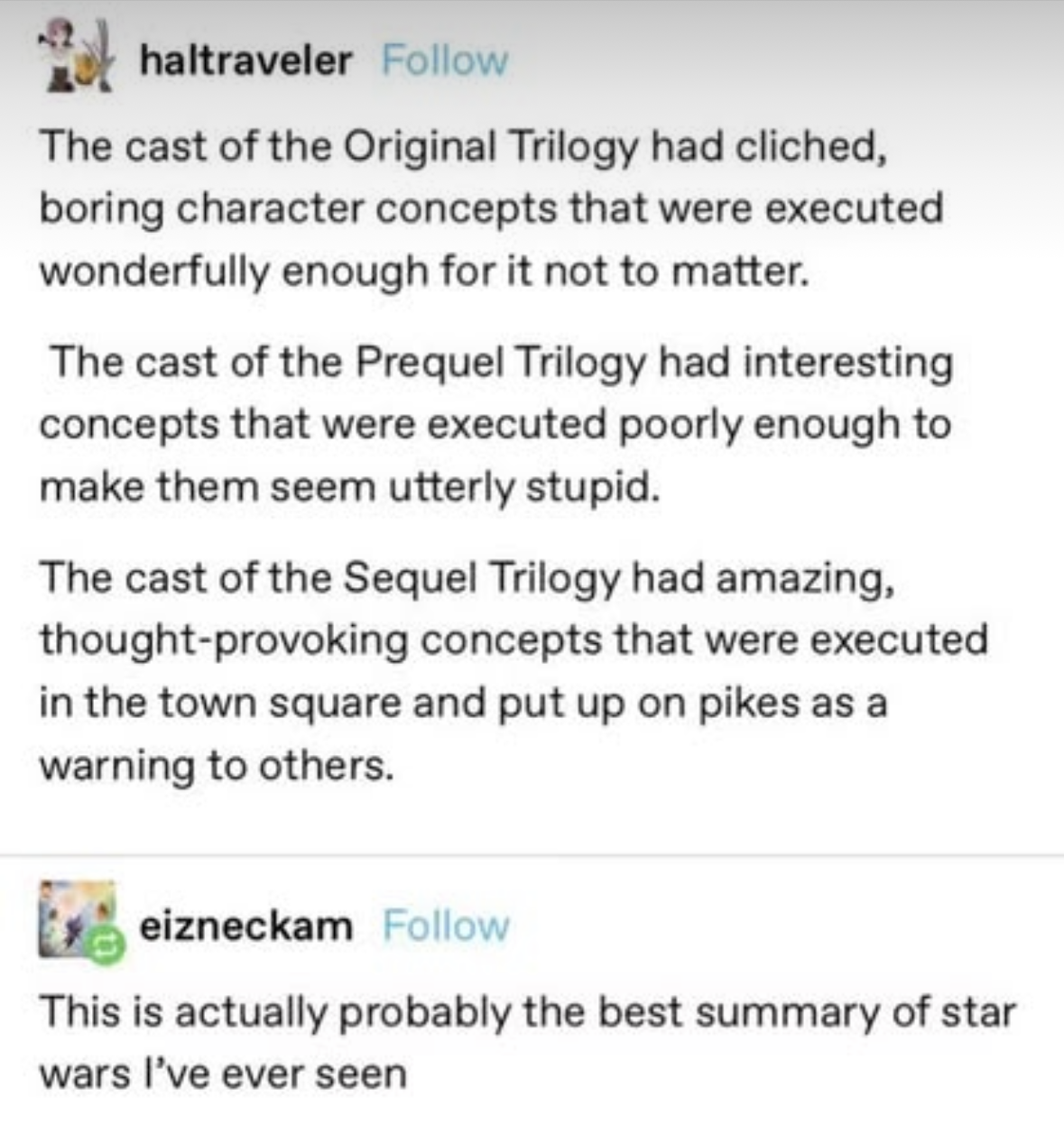 someone actually summarized the star wars trilogies and it's brutal