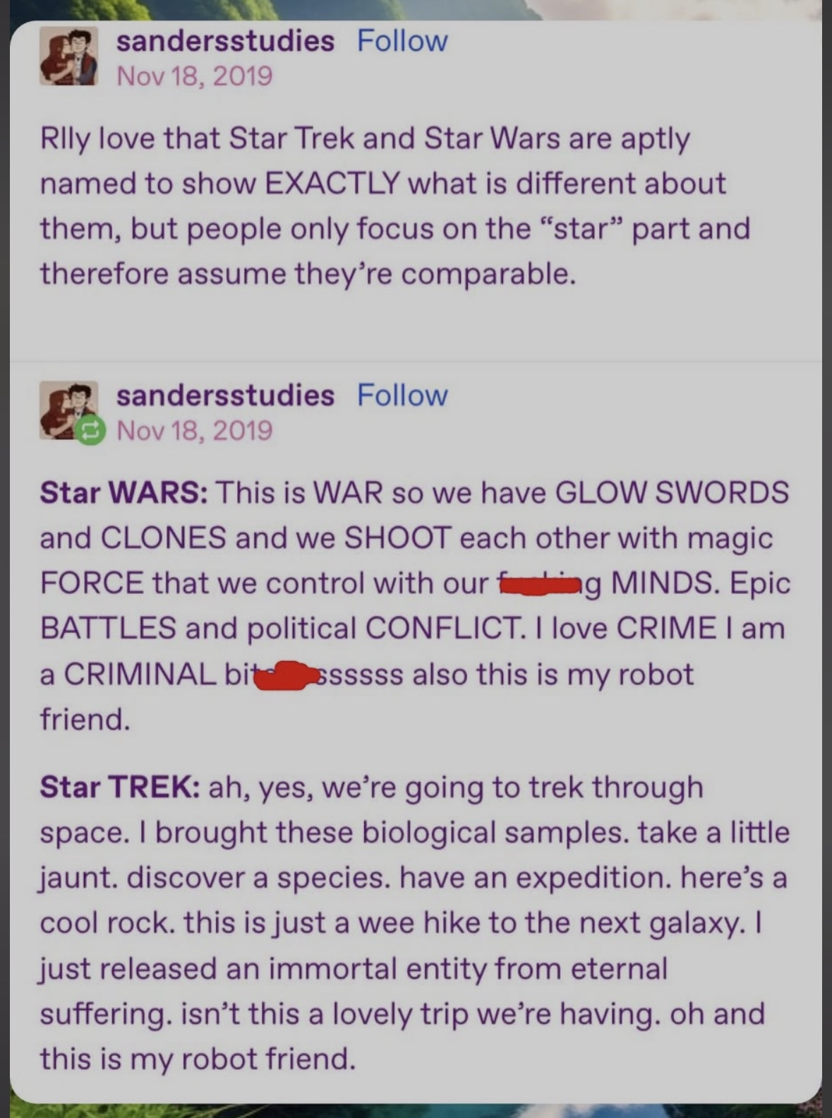 When someone asks if Star Wars and Star Trek are the same thing, just show them this.