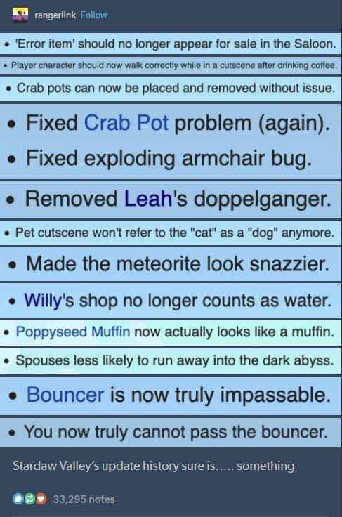 Stardew Valley's update history is just a list of bizarre bug fixes lol