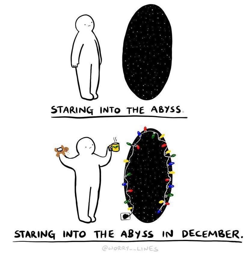 Me trying to find joy in the void during the holidays. Suddenly, gingerbread and Christmas lights make it better.