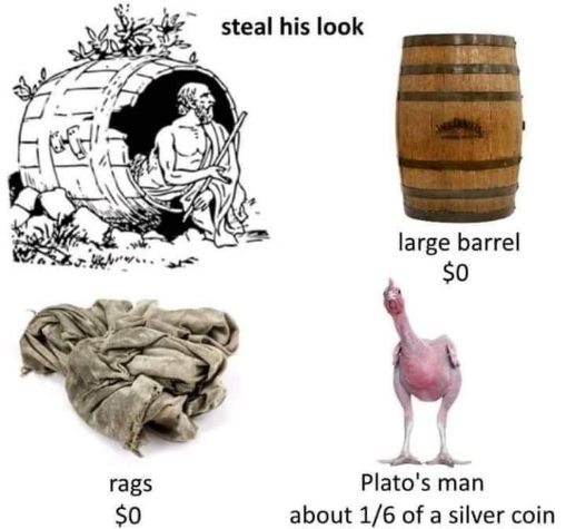 Steal his look. All you need is a barrel, some rags, and a weirdly plucked chicken.