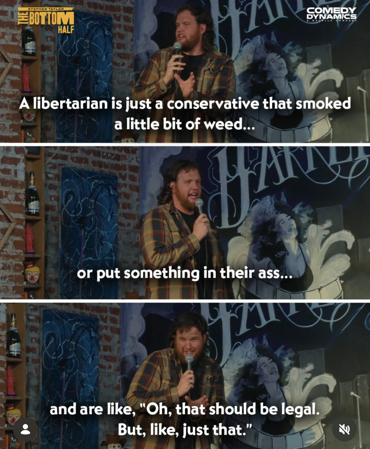This comedian explaining what a libertarian *really* is by comparing them to conservatives who've smoked weed or... um... did something else.
