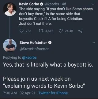 Steve Hofstetter explaining the concept of a boycott to Kevin Sorbo. Apparently, it's not that complicated.