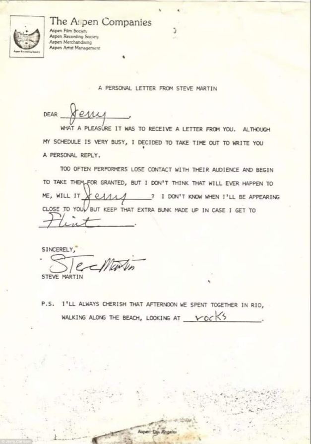 Steve Martin being super meta by writing a letter about not losing touch with fans... and filling in the blanks with his own name and a random word.