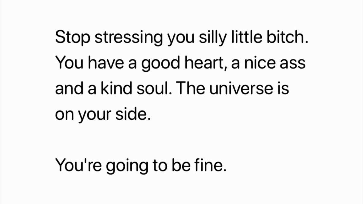 It's like, you have a good heart, a nice ass, and a kind soul, so stop stressing, you're gonna be fine.