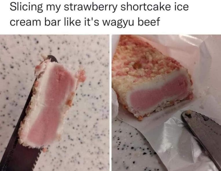 Me acting like this strawberry shortcake bar is some gourmet steak I gotta slice perfectly