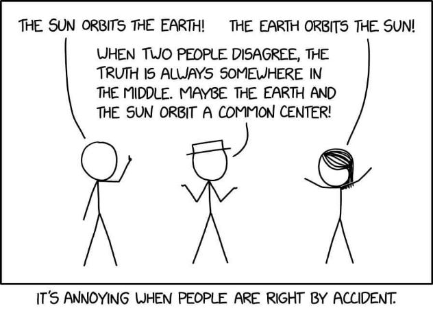 When someone accidentally stumbles upon the truth by trying to find a middle ground between two wrong answers