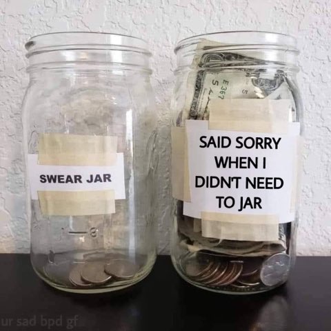 Bruh, the left jar is basically empty but the right one is full of money for saying sorry unnecessarily
