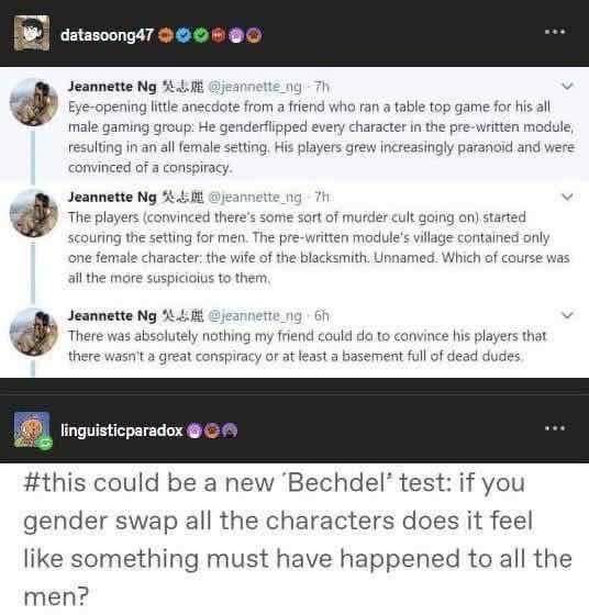 So the table top game players got suspicious when they gender-flipped everyone except one woman because... reasons?