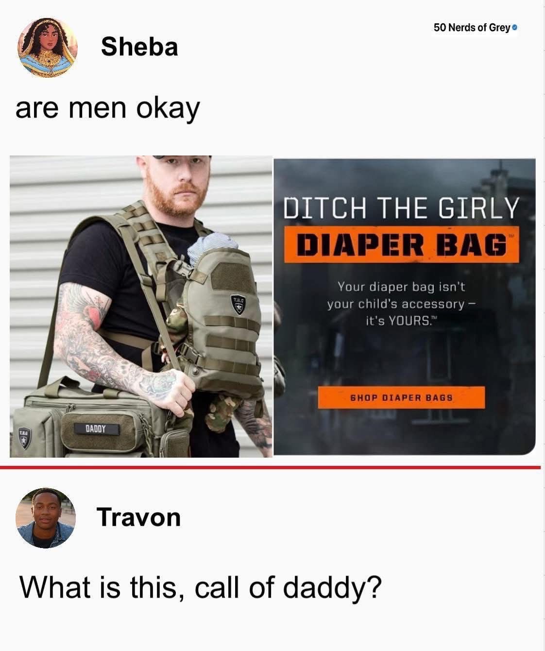 Someone made a tactical diaper bag and the comments are wild lol
