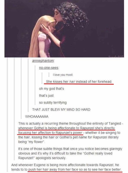 Wait, Gothel kisses Rapunzel's hair, not her forehead? That's so creepy.