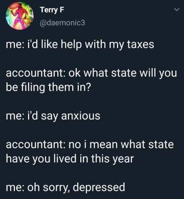When you asked your accountant about your taxes and they ask what state you'll be filing in, but you just say you're anxious or depressed.