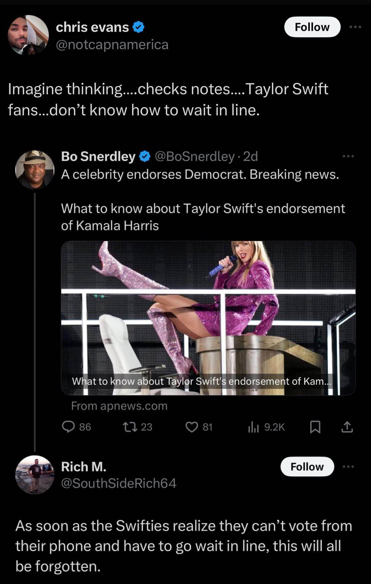 Lol, someone's out here thinking Swifties don't know how to wait in line. Rich M. is predicting their votes will be forgotten once they have to actually stand in line.