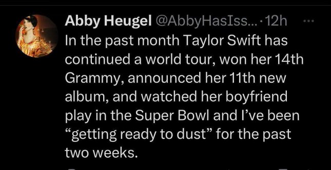 Taylor Swift is out here winning Grammys and touring the world while I'm over here finally getting around to dusting.