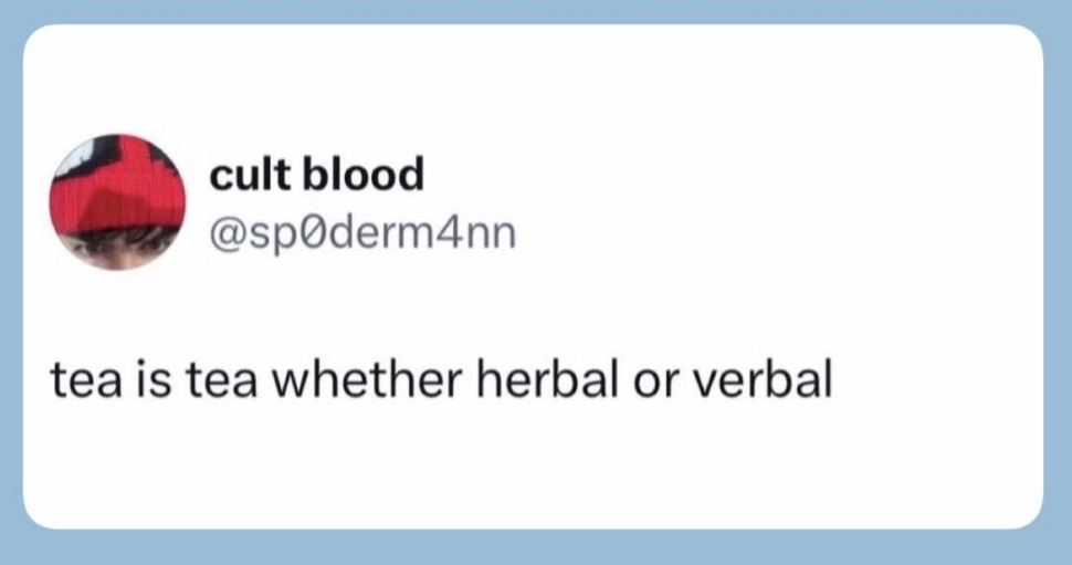 Omg this person is saying that gossip is just as valid as drinking herbal tea. They're not wrong.