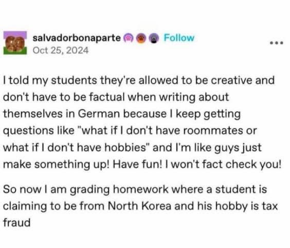 Teacher told students to be creative for their German homework and one student's entire persona is being from North Korea with tax fraud as their hobby.