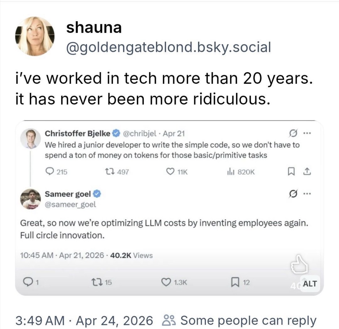 Tech is so advanced we're now hiring people again to save money on AI tokens. Peak efficiency, right?
