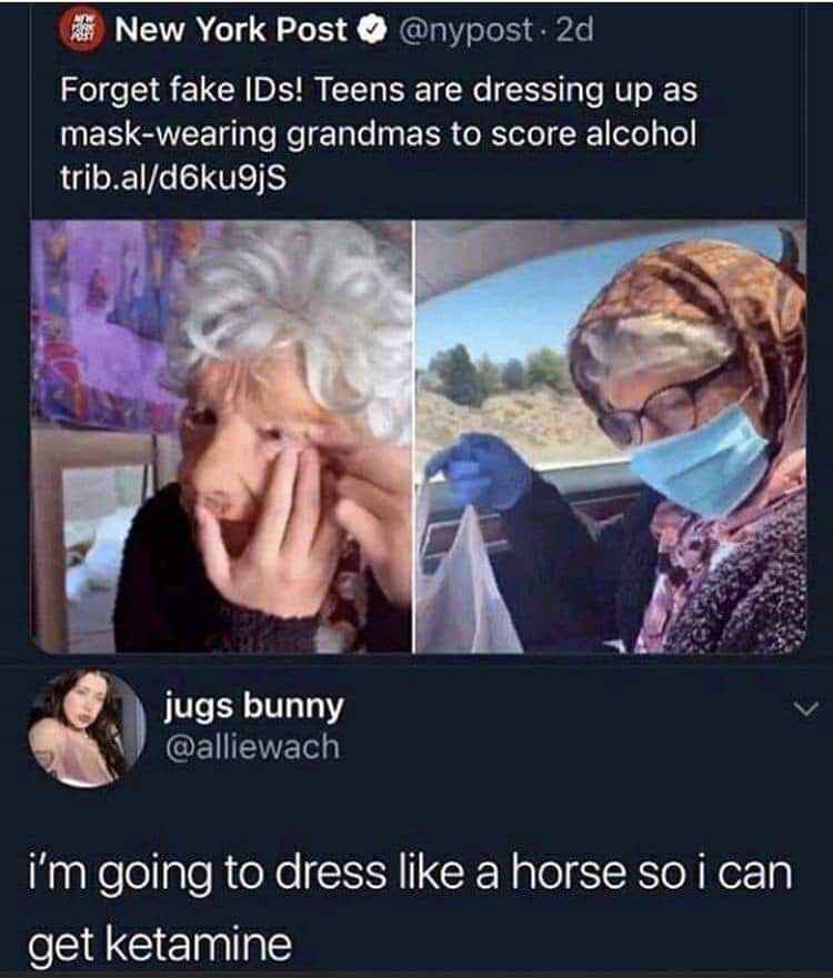 Teens are out here trying to score alcohol by dressing like grandmas, but this person is planning to dress like a horse to get ketamine.
