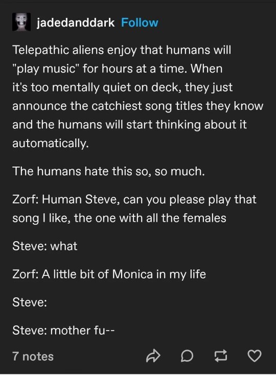 Telepathic aliens messing with humans by broadcasting song titles and the one alien named Zorf picking Brandy's "The Boy is Mine" is just iconic