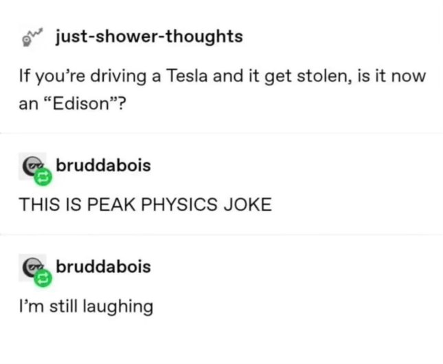 A plus-level shower thought about what to call a stolen Tesla. I'm still laughing.