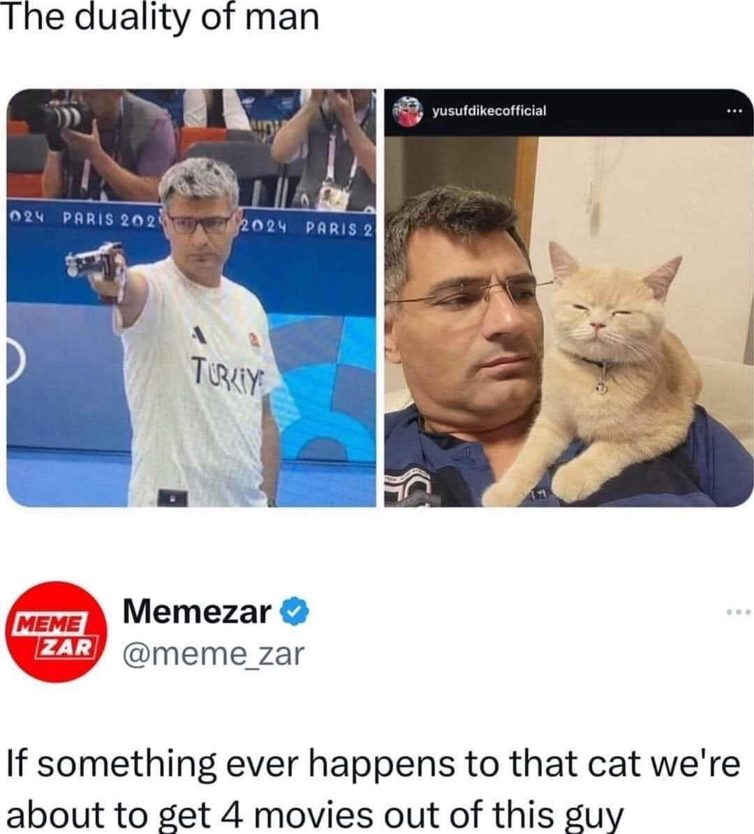 Guy who looks like he'd kill you and guy who is literally a cat dad. The duality of man.