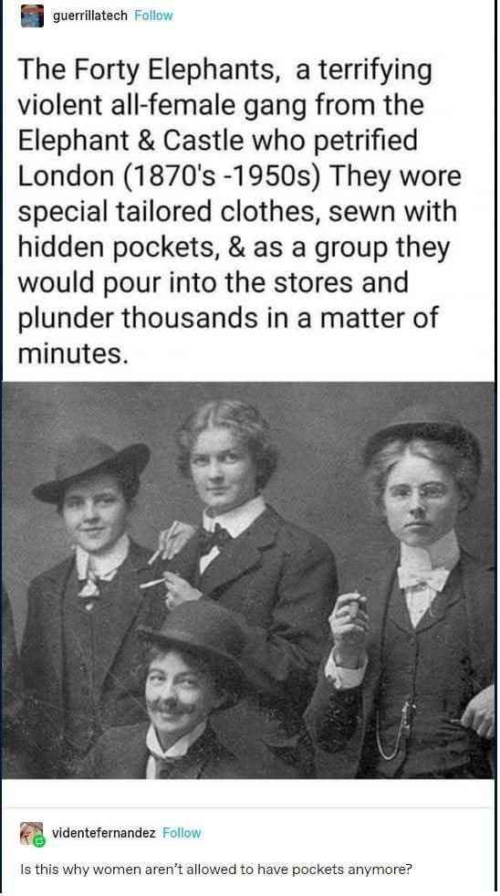 So basically, women had hidden pockets for thieving and then they weren't allowed pockets anymore? Makes sense.