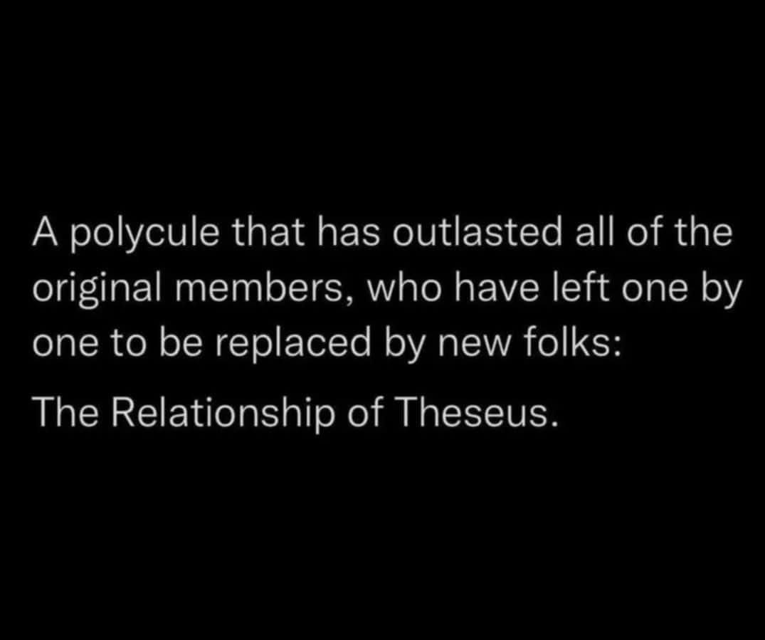 When your polycule has replaced everyone but somehow it's still the same relationship. The Ship of Theseus but make it queer.