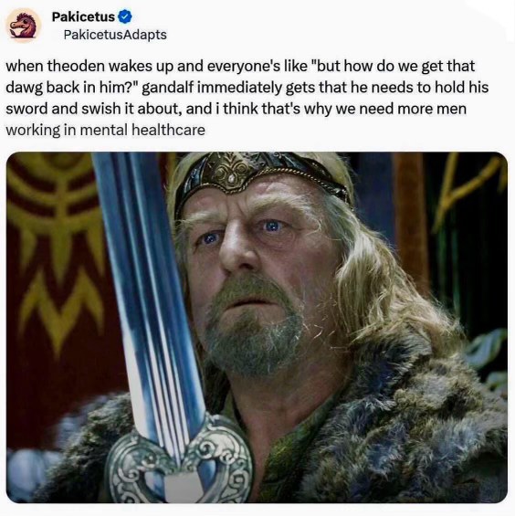 Gandalf knows the best way to help someone recover is to hand them a sword and tell them to swing it around.