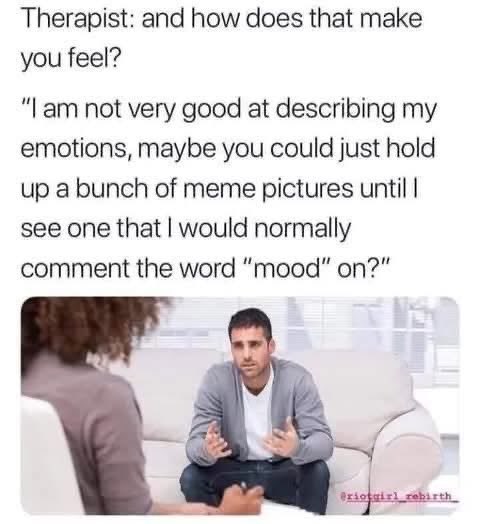 My therapist session would go like this: just show me memes until I say 'mood'
