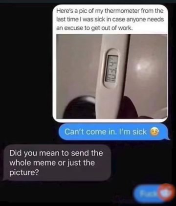 Oops, sent the whole joke instead of just the punchline for calling in sick lol