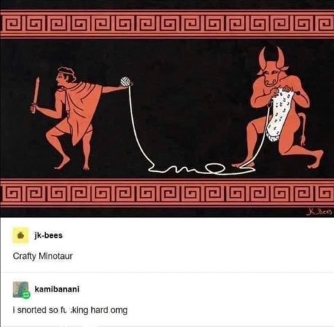 Theseus and the Minotaur but the Minotaur is just trying to get some knitting done and Theseus is being so annoying with his yarn.