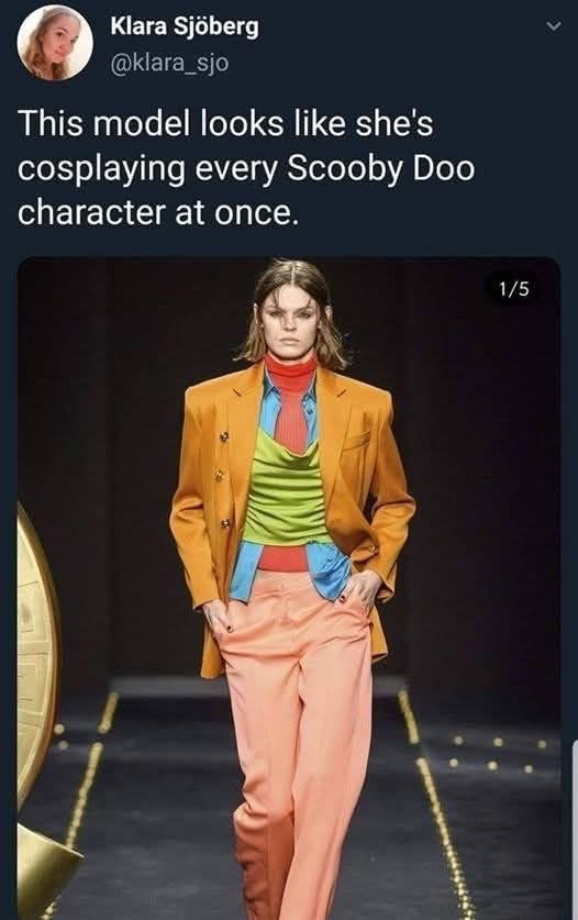 This model looks like she's cosplaying every Scooby Doo character at once.