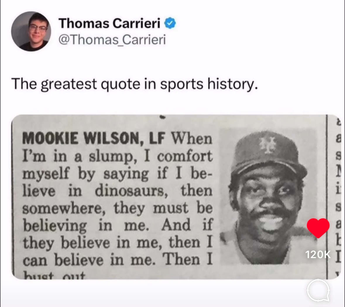 This man says he comforts himself in a slump by believing in dinosaurs. Same.
