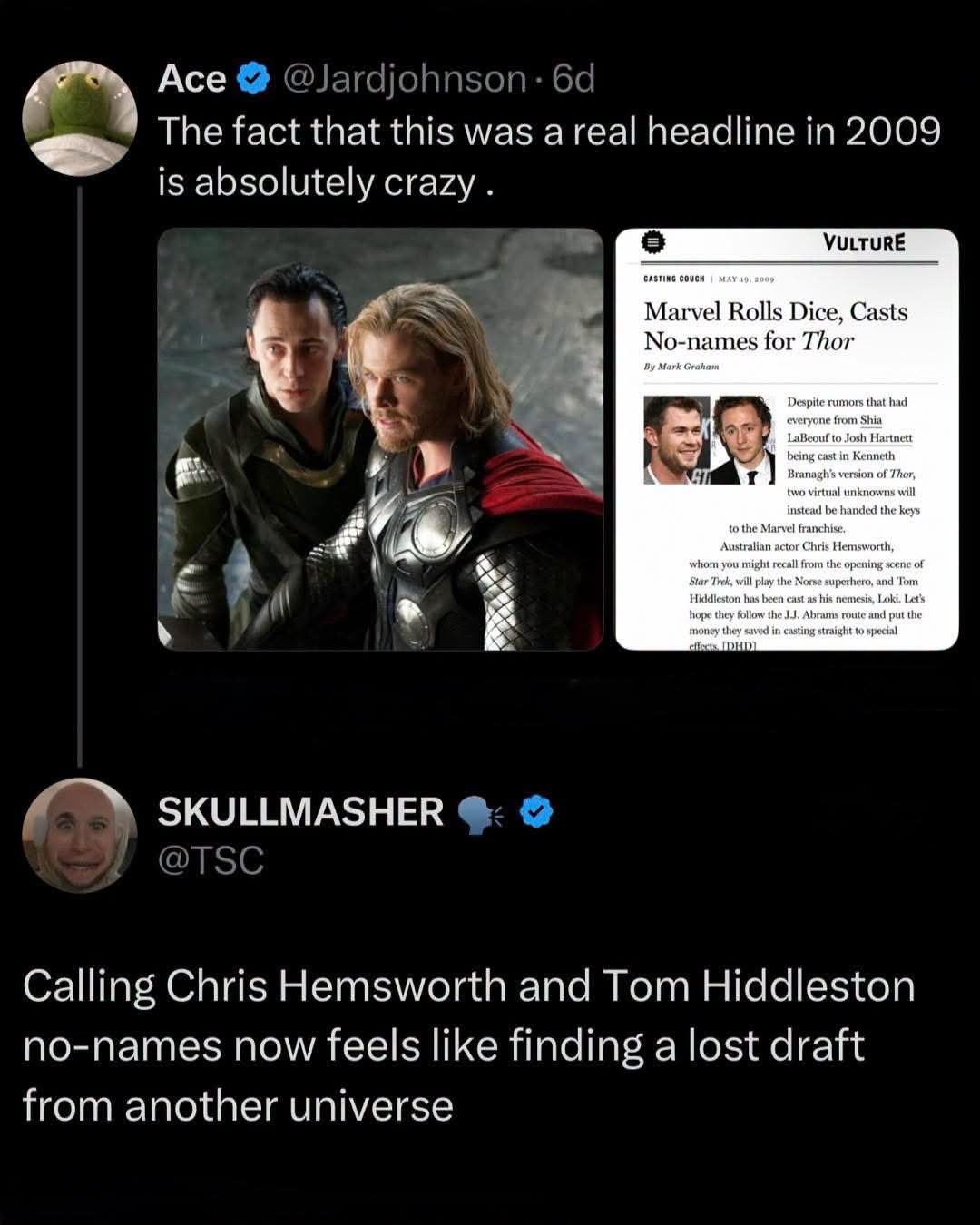 LOL remember when Vulture called Chris Hemsworth and Tom Hiddleston 'no-names' before they were famous? So wild.
