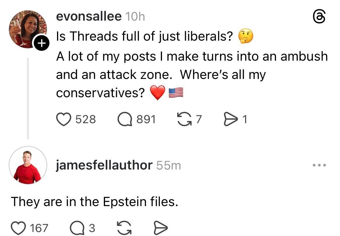 Someone asked where all the conservatives are on Threads and the reply was 'in the Epstein files.'